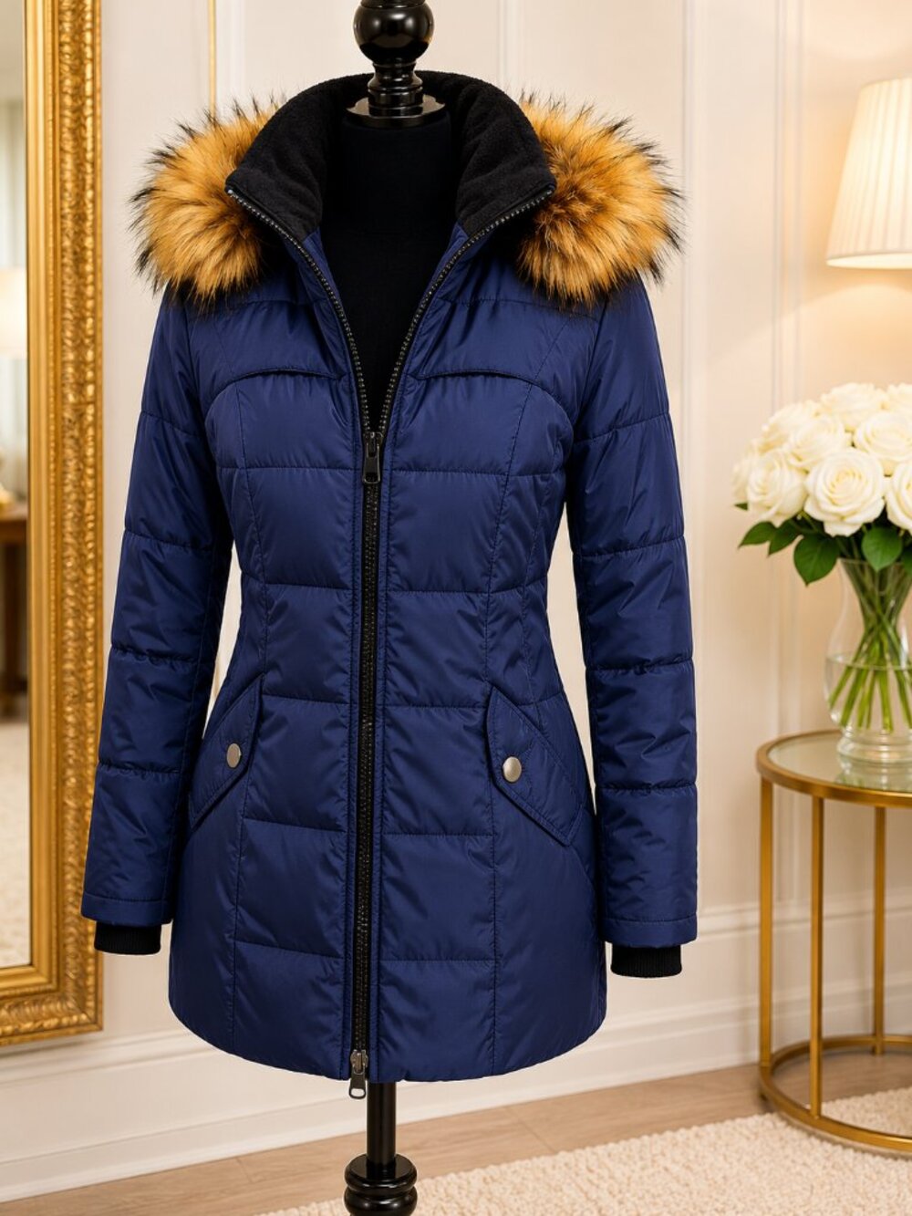 Navy Hooded Puffer Coat with Faux Fur Trim